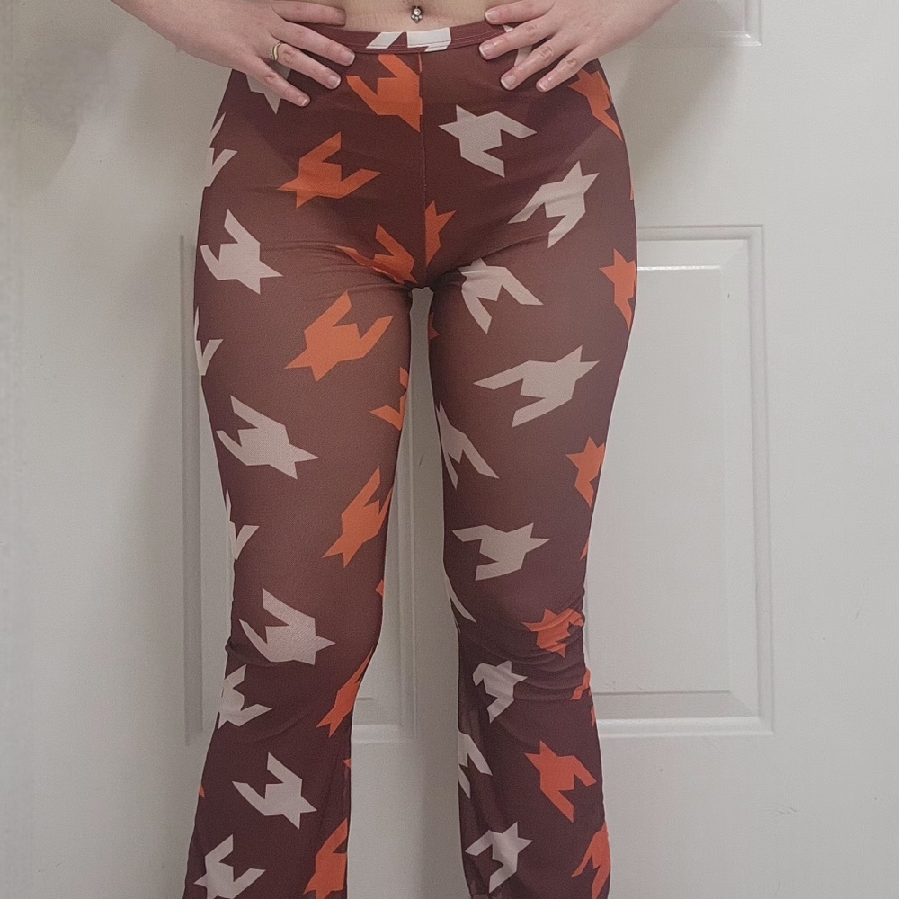 Brown Mesh Flare Pants with Orange & White Houndstooth Print